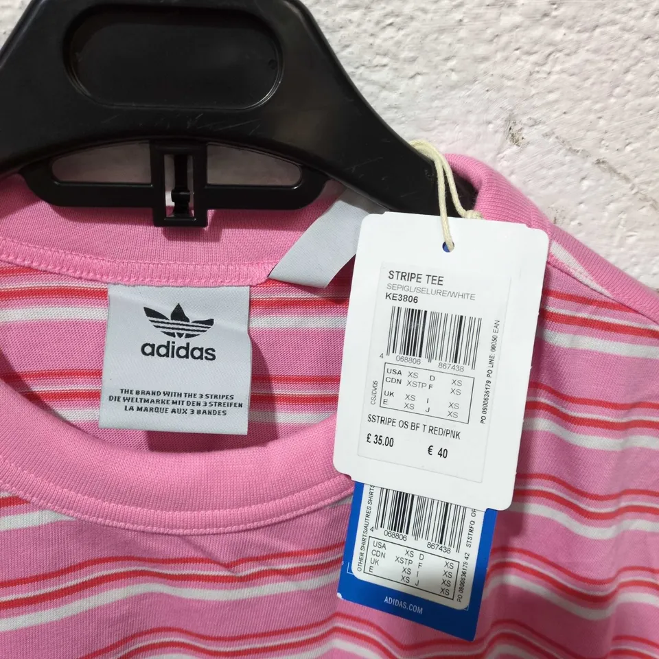 ADIDAS STRIPE TEE IN PINK/WHITE/RED SIZE XS