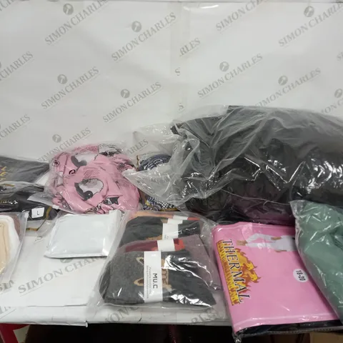 LARGE BOX OF ASSORTED CLOTHING ITEMS IN VARIOUS COLOURS AND SIZES INCLUDING TROUSERS , TOPS AND JUMPERS