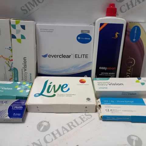 BOX OF APPROX 25 ASSORTED CONTACT LENSES AND CONTACT LENSE SOLUTIONS
