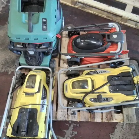 PALLET CONTAINING VARIOUS ASSORTED LAWNMOWERS IN DIFFERENT MAKES AND MODELS