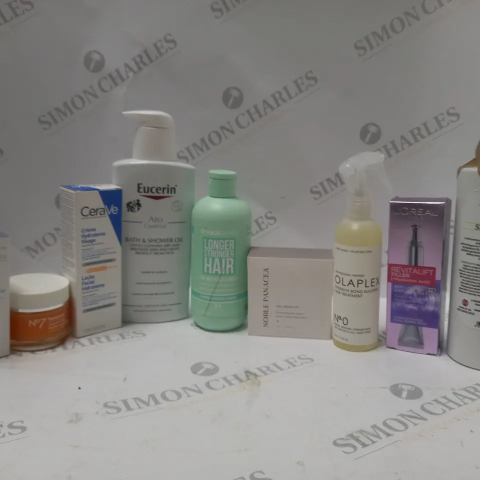 APPROXIMATLEY 20 COSMETICS ITEMS TO INCLUDE OLAPLEX N0 INTENSIVE BOND BUILDING HAIR TREATMENT (155ml), EUCERIN ATO CONTROL BATH & SHOWER OIL (400ml), N07 RADIANCE MOISTURISER (50ml), ETC