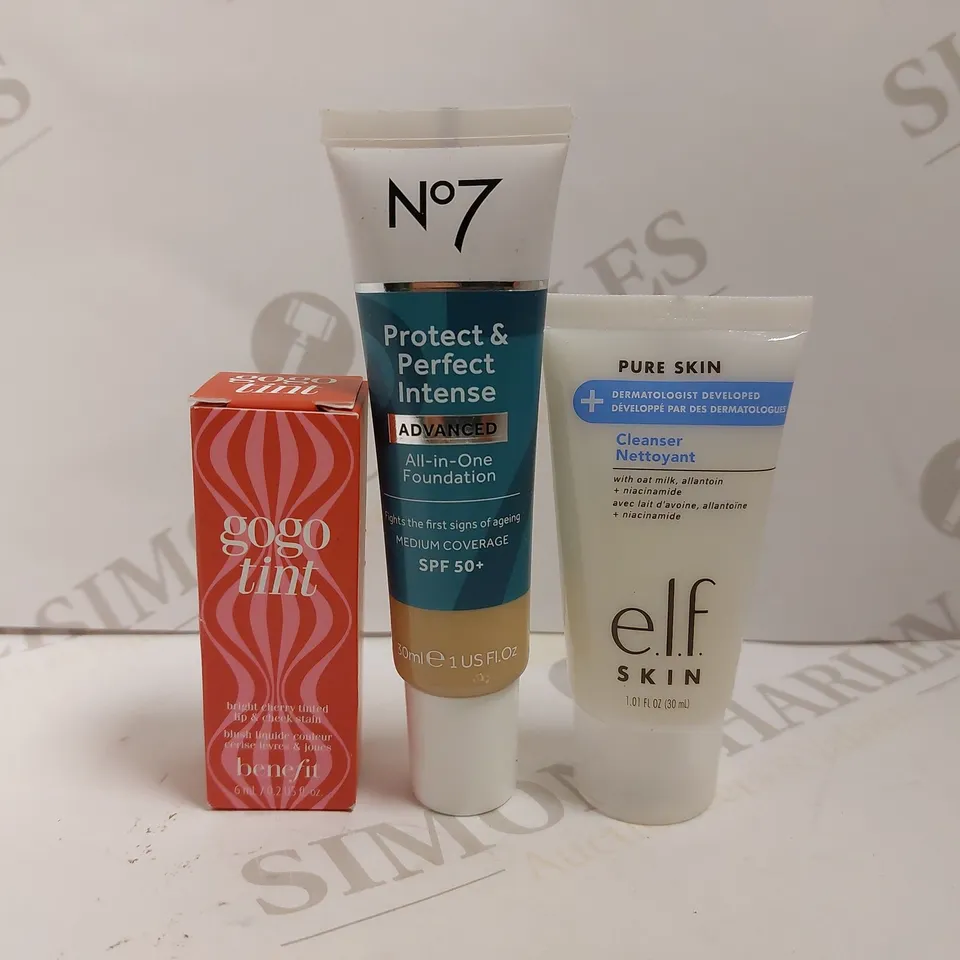 3 COSMETIC ITEMS TO INCLUDE NO.7 PROTECT&PERFECT FOUNDATION, ELF CLEANSER AND BENEFIT GOGO TINT LIP&CHEEK STAIN