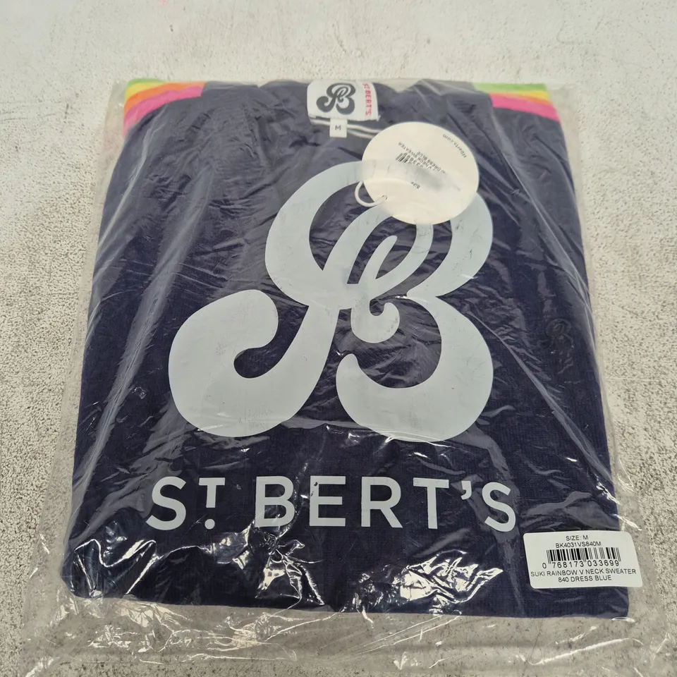 BAGGED ST BERTS SUKI RAINBOW V‑NECK SWEATER – DRESS BLUE, SIZE M