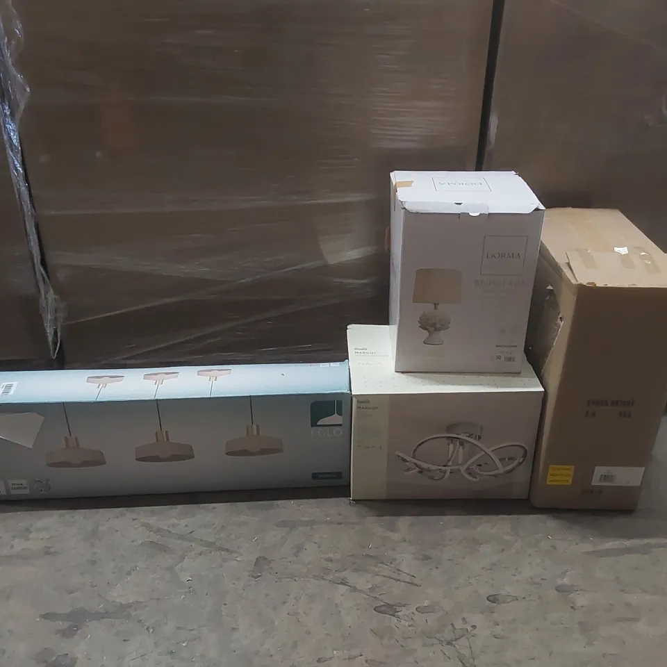 PALLET TO CONTAIN A VERY LARGE QUANTITY OF DESIGNER INDOOR LIGHTING PRODUCTS TO INCLUDE: CEILING LIGHTS, TABLE LAMPS, BALL OUTDOOR FLOOR LAMP ECT