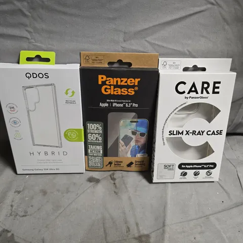 BOX OF APPROXIMATELY 30 ASSORTED PROTECTIVE PHONE COVERS FOR APPLE AND SAMSUNG PRODUCTS. BRANDS INCLUDE QDOS/PANZER GLASS