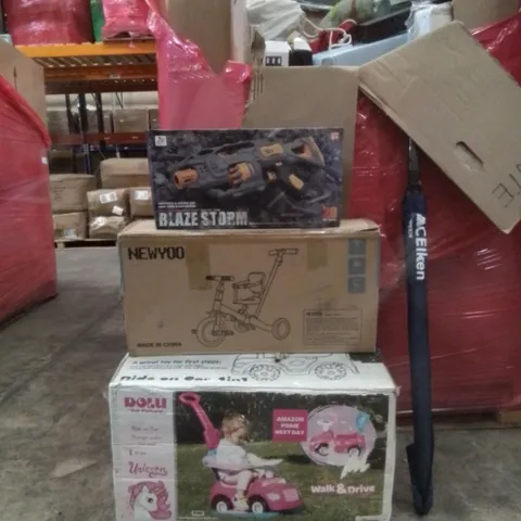 PALLET OF ASSORTED HOUSEHOLD GOODS AND FURNITURE TO INCLUDE; DOLU RIDE ON CAR 4IN1, NEWYOO KIDS TRICYCLE, BLAZE STORM SOFT BULLET GUN ETC