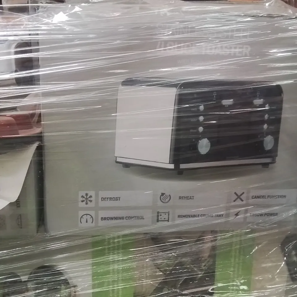 PALLET CONTAINING VARIOUS ELECTRICAL ITEMS AND HOUSEHOLD PRODUCTS TO INCLUDE:700W CYCLONIC VACUUM,STAINLESS STEEL 4 SLICE TOASTER,16"PEDESTAL FAN