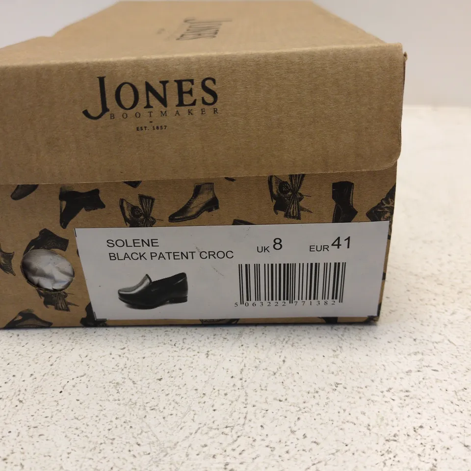 UK 8 JONES BOOTMAKER SOLENE BLACK PATENT CROC SLIP-ON