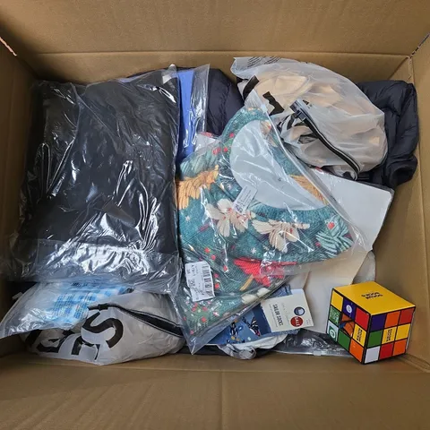 LARGE BOX OF ASSORTED CLOTHING ITEMS IN VARIOUS SIZES, STYLES AND COLOUR 