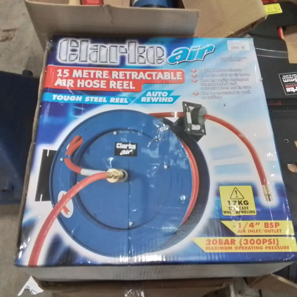 BOXED CLARKE 15 METRE RETRACTABLE AIR HOSE REEL