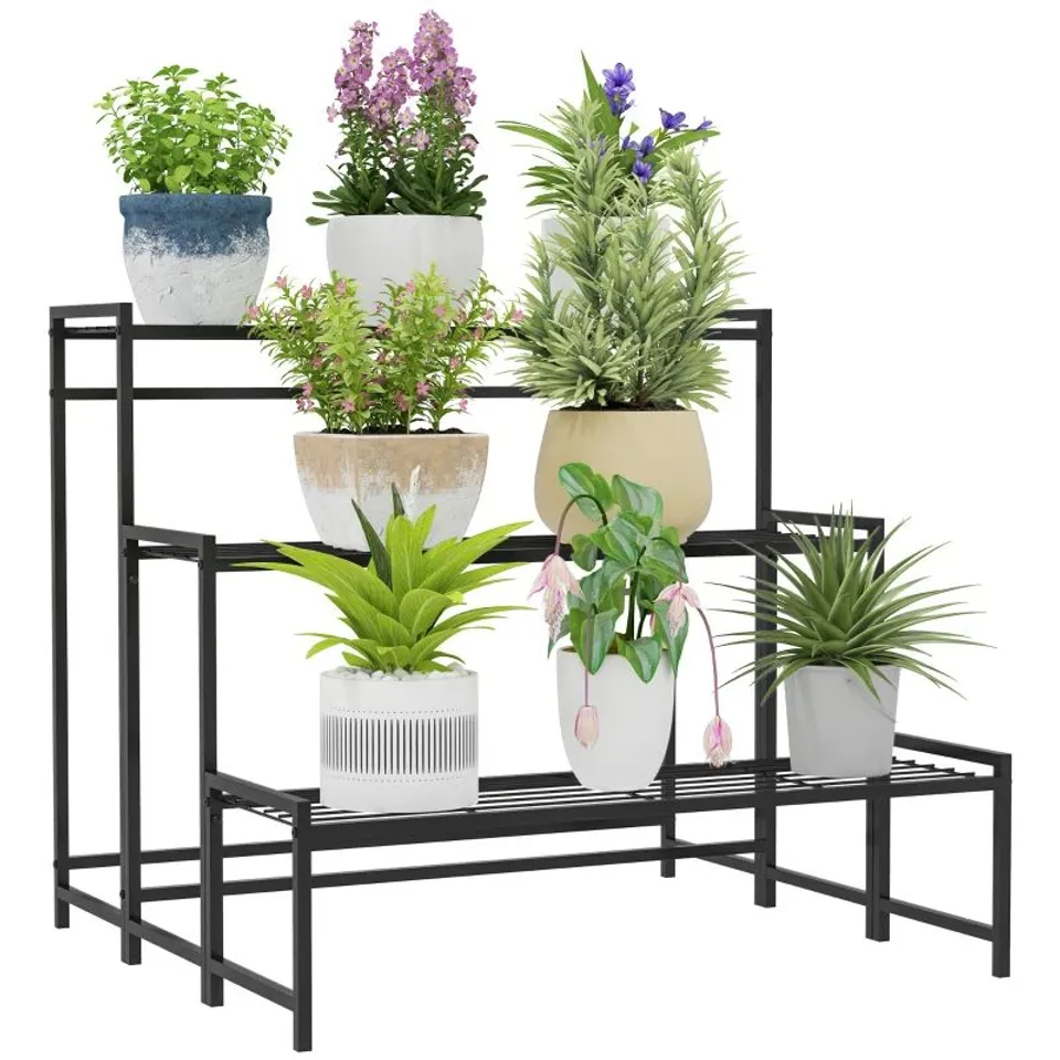BOXED OUTSUNNY THREE-TIER METAL PLANT SHELF - BLACK