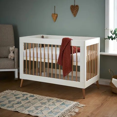 BOXED MAYA MINI COT BED - WHITE WITH NATURAL (2 BOXES)