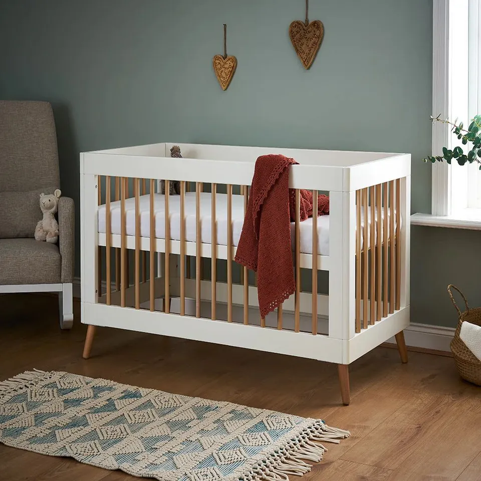 BOXED MAYA MINI COT BED - WHITE WITH NATURAL (2 BOXES)