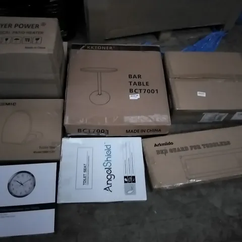 PALLET OF ASSORTED ITEMS INCLUDING DONYER POWER ELECTRICAL PATIO HEATER, STOREMIC TOILET SEAT, ANGELSHIELD TOILET SEAT, KKTONER BAR TABLE, YOUSHIKO 30CM STAINLESS STEEL WALL CLOCK, ARKMIIDO BED GUARD