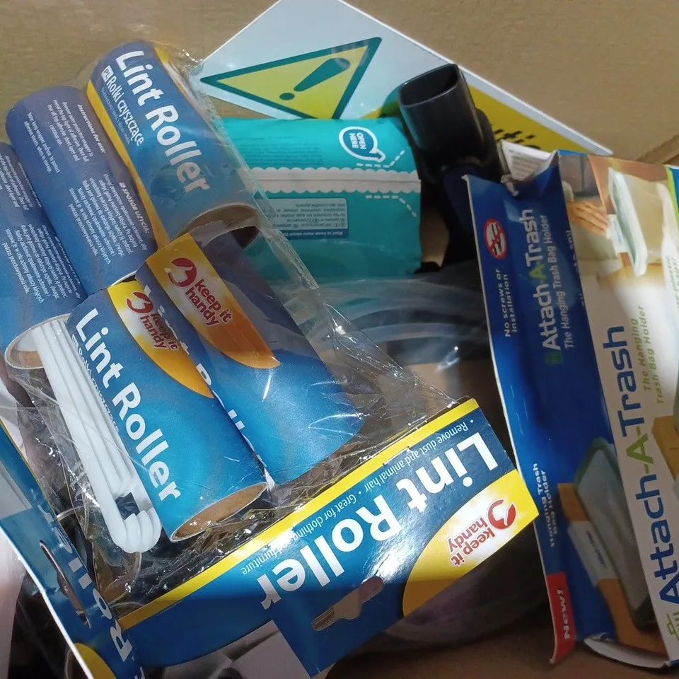 BOX OF APPROXIMATELY 10 ASSORTED HOUSEHOLD ITEMS TO INCLUDE LEVELPRO3 LASER, LINT ROLLER, ETC