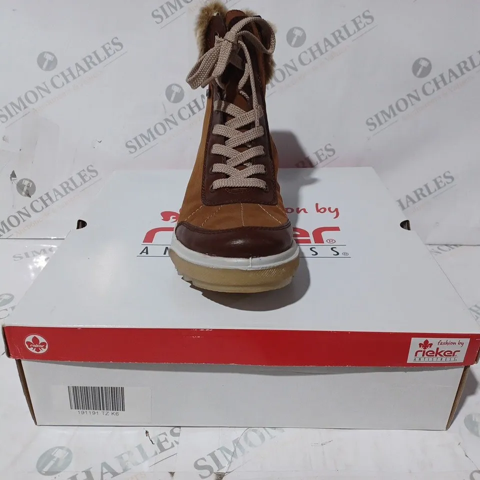 BOXED PAIR OF RIEKER LACE UP TAN HIKER BOOTS - SIZE 6