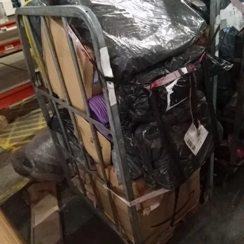 CAGE OF ASSORTED HOUSEHOLD GOODS AND PRODUCTS TO INCLUDE; YOGA MATS, SUITCASE, HOUSEHOLD ITEMS ETC - CAGE NOT INCLUDED