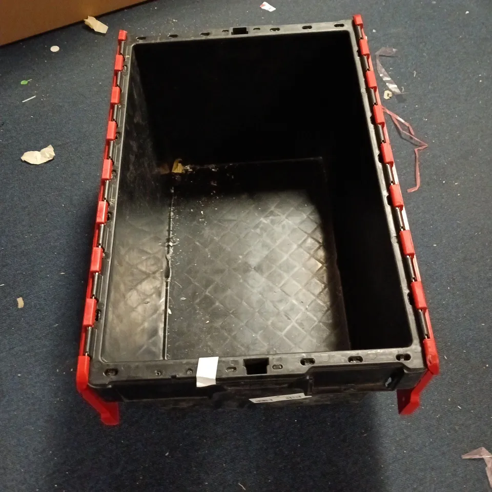 LARGE HARD PLASTIC STORAGE CONTAINER, BLACK WITH RED CLOSING LIDS