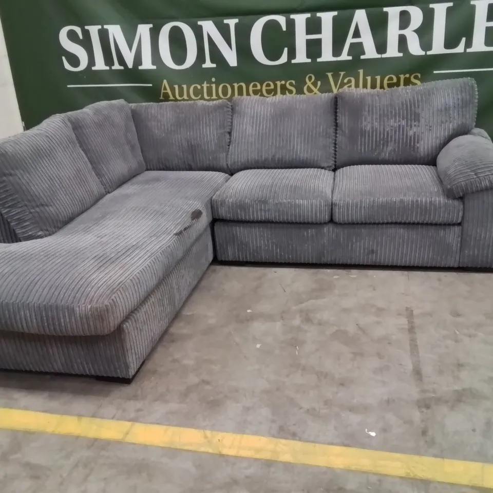 QUALITY DESIGNER CORDUROY FABRIC UPHOLSTERED GREY CORNER/L SHAPE SOFA
