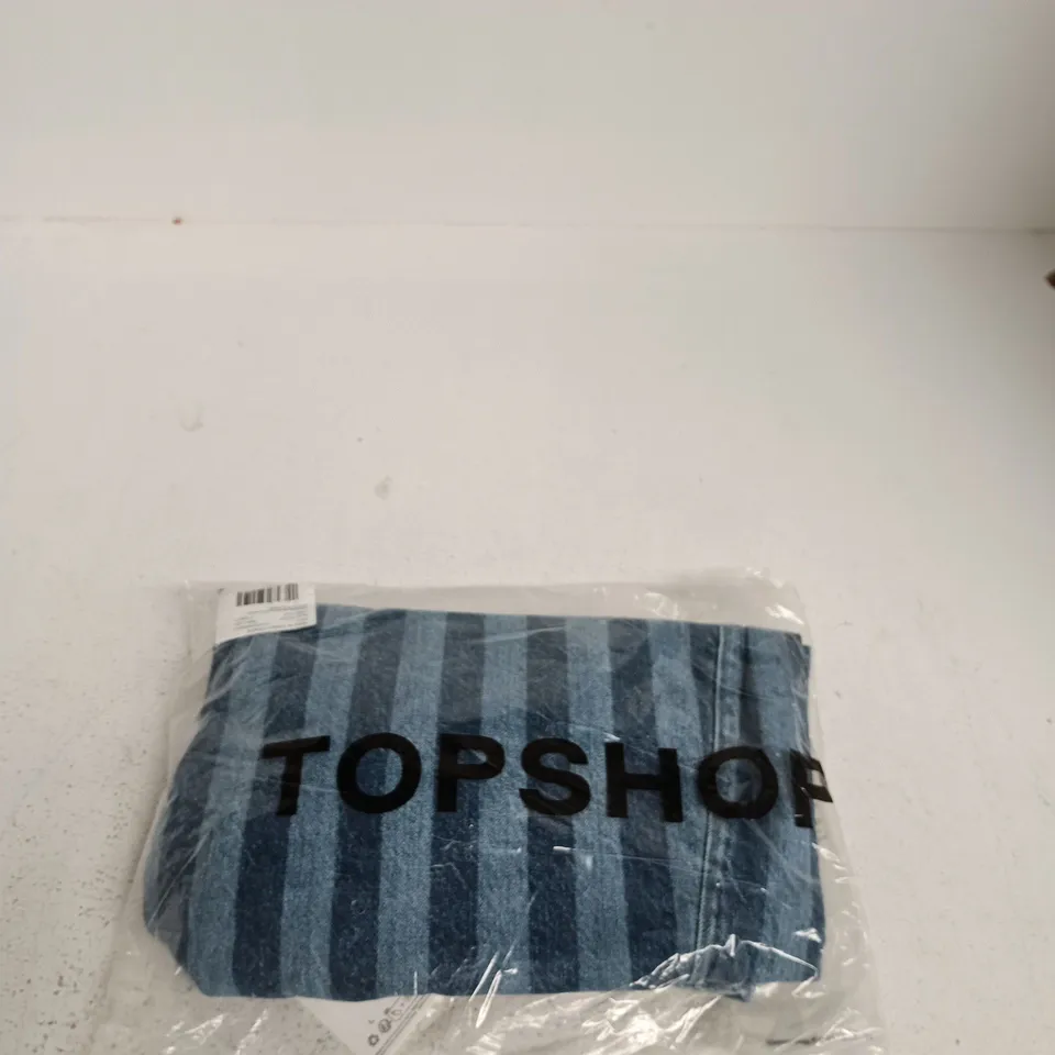 TOPSHOP DENIM PULL-ON BARREL SHORTS – UK 6, BLUE STRIPE