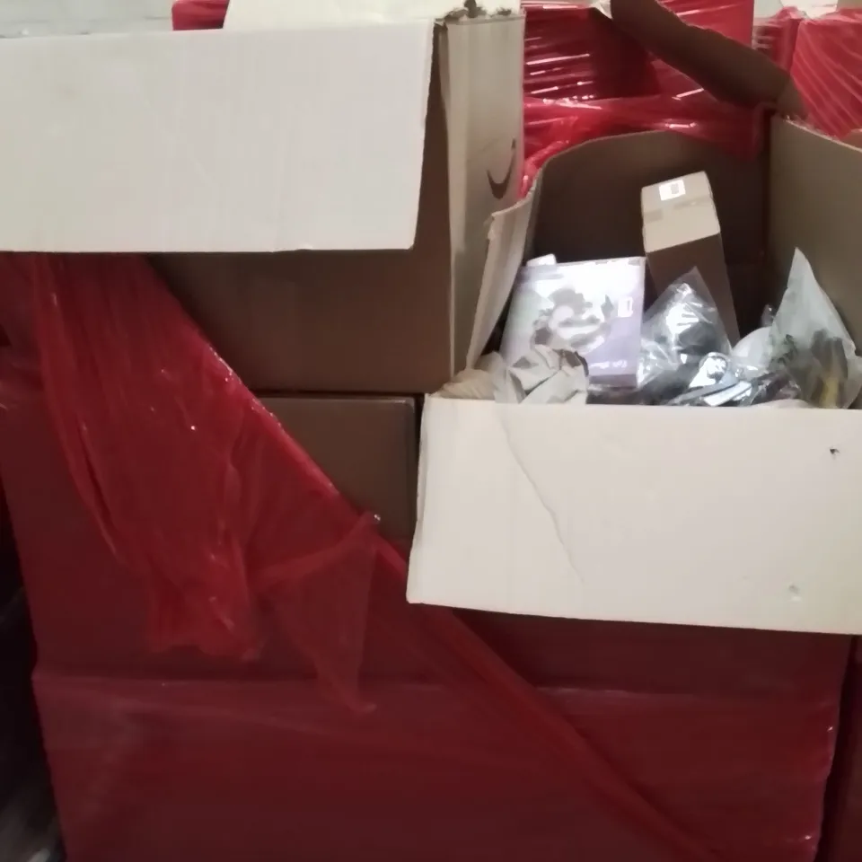 PALLET CONTAINING VARIOUS ASSORTED BOXED HOUSEHOLD ITEMS TO INCLUDE: VIBRATION PLATES, PET FOODS, COSTUME JEWELLERY,  LAPTOP STANDS AND LOTS MORE UNMARKED BOXED ITEMS 