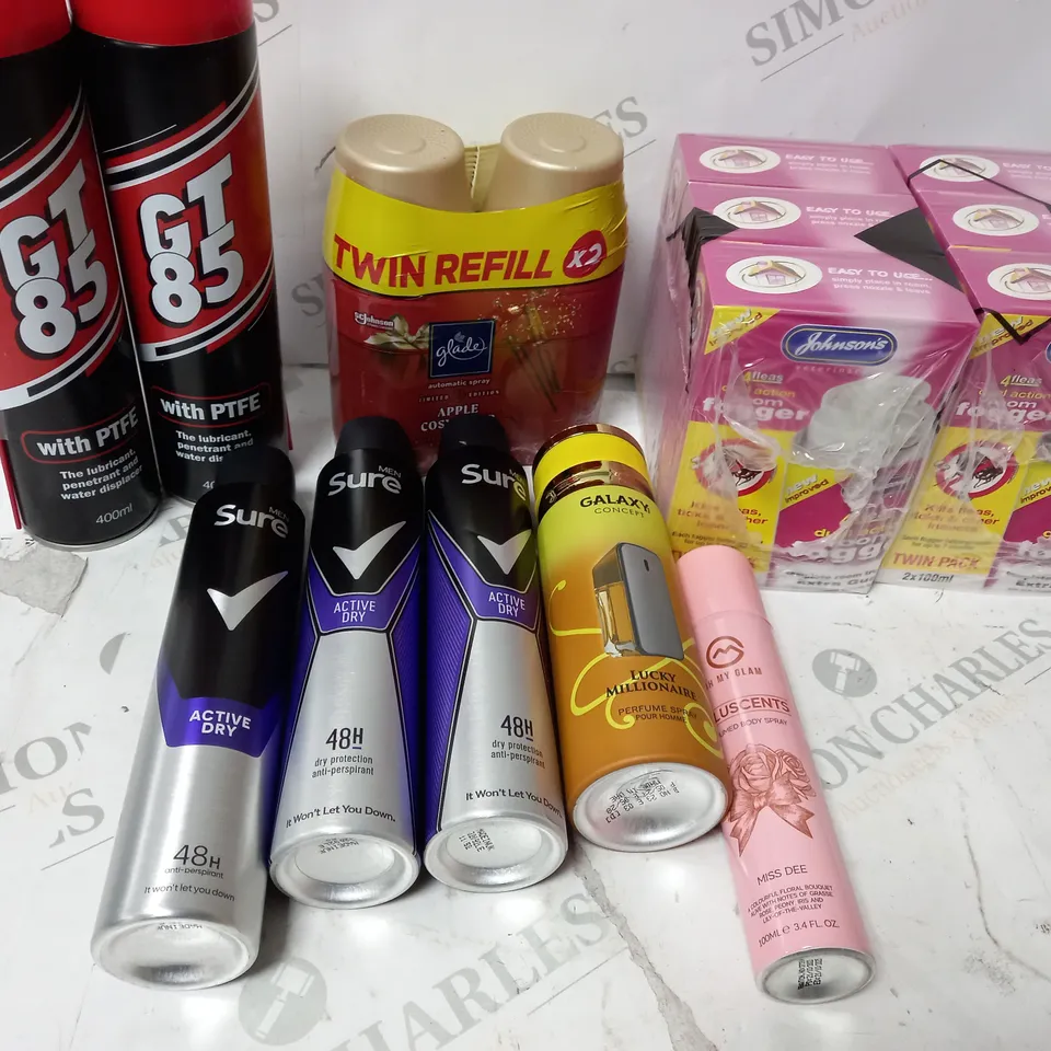 APPROXIMATELY 12 HOUSEHOLDS ITEMS INCLUDING: GLADE APPLE COSY CIDER REFIL AND JOHNSONS 4 FLEAS DUAL ACTION ROOM FOGGER