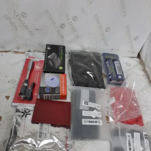 TOTE OF ASSORTED HOUSEHOLD ITEMS TOO INCLUDE GREASE GUN , LEEDA SOFT TORCH , CARBON ALARM , ETC