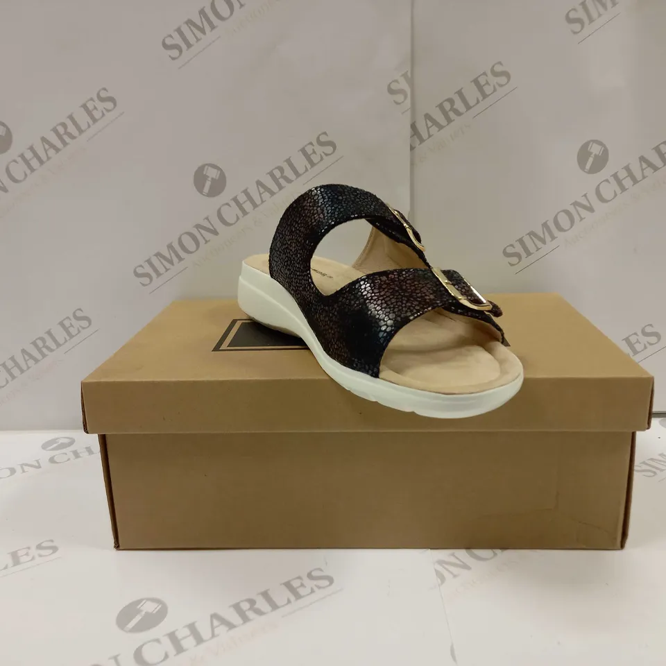 BOXED PAIR OF CUSHION WALK DOUBLE BUCKLE MULES IN BLACK - SIZE 5