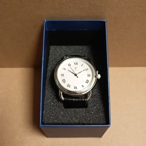 BOXED TALIS CO. WHITE ROMAN DIAL WRISTWATCH WITH BLACK LEATHER STRAP