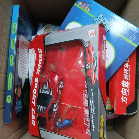 BOX OF APPROX 5 ASSORTED TOYS TO INCLUDE REMOTE CONTROL CAR, DOLLS ETC....