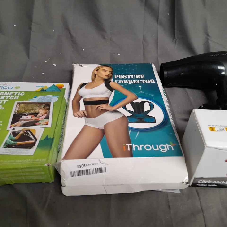 LARGE BOX OF ASSORTED HOUSEHOLD ITEMS TO INCLUDE HAIR DRYER, POSTURE CORRECTOR AND CLICK AND DRIVE