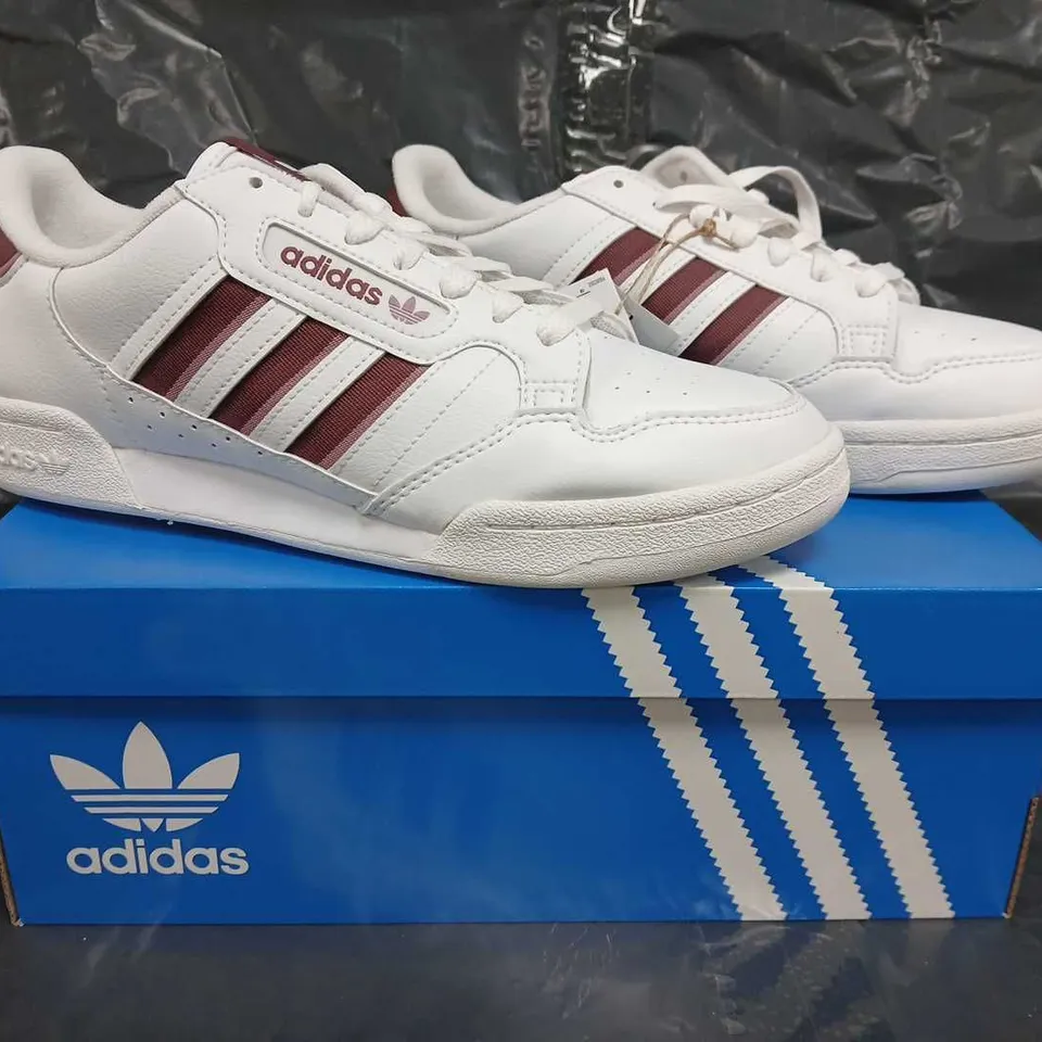 BOXED PAIR OF ADIDAS CONTINENTAL 80 STRIP SHOES IN WHITE/BURGUNDY SIZE UK 9