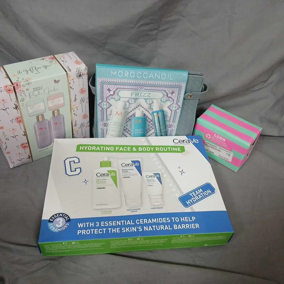 FIVE ASSORTED COSMETIC GIFT SETS TO INCLUDE; LUSH, MOROCCANOIL, CERA VE AND BAYLISS AND HARDING