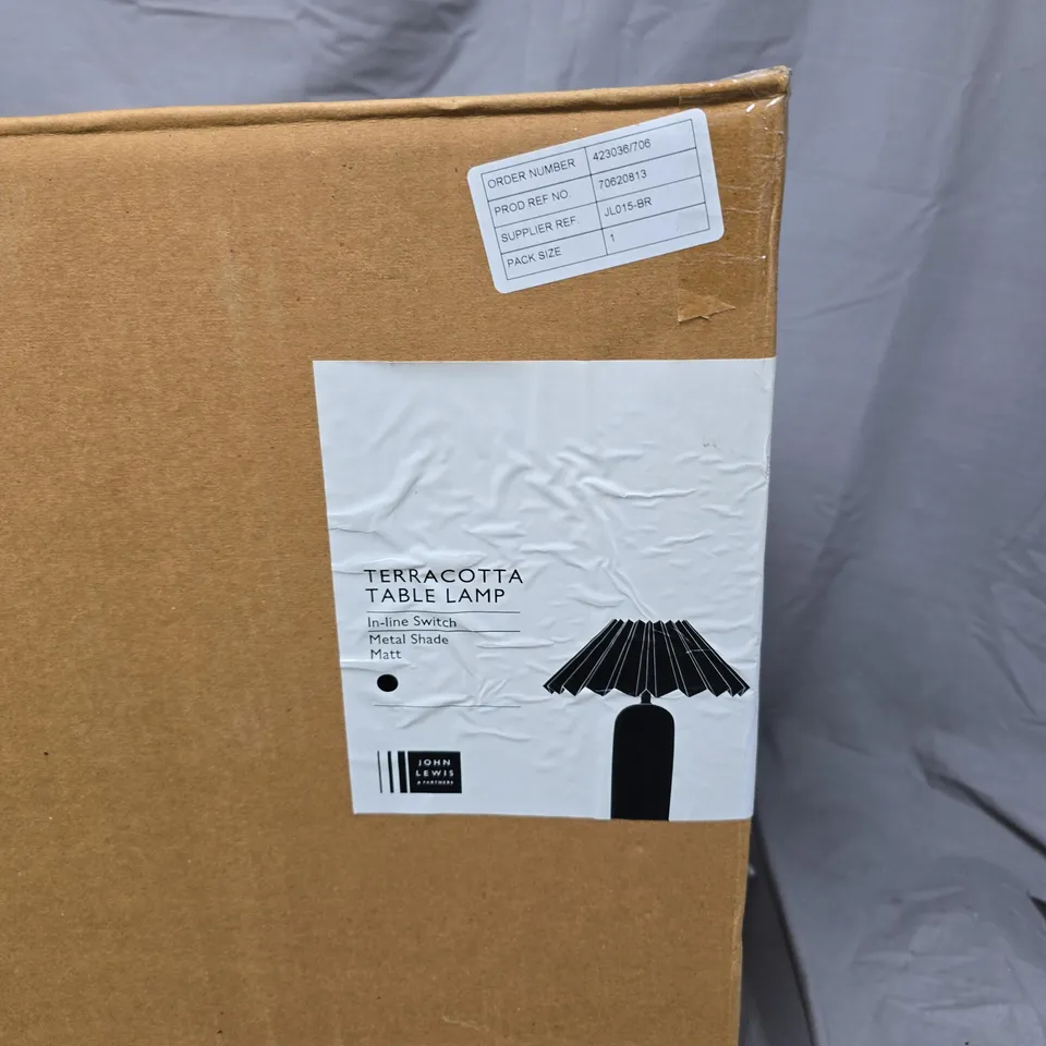 JOHN LEWIS TERRACOTTA TABLE LAMP – IN-LINE SWITCH, MATT METAL SHADE (BOXED)