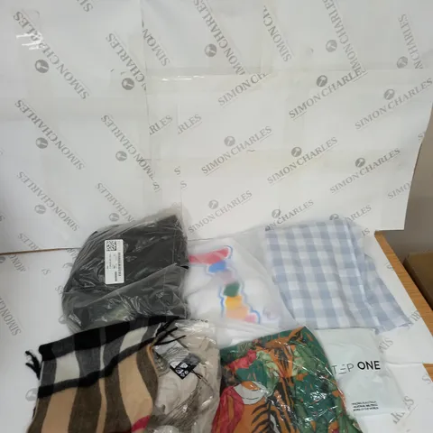 LARGE BOX OF ASSORTED CLOTHING ITEMS IN VARIOUS COLOURS AND SIZES INCLUDING TROUSERS , TOPS AND JUMPERS
