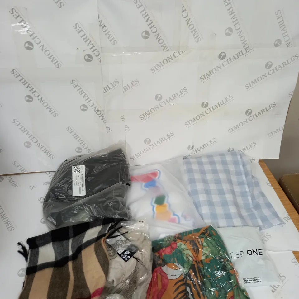LARGE BOX OF ASSORTED CLOTHING ITEMS IN VARIOUS COLOURS AND SIZES INCLUDING TROUSERS , TOPS AND JUMPERS 