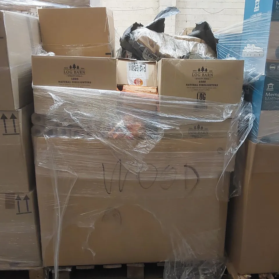 PALLET CONTAINING A LARGE QUANTITY OF FIREWOOD, FIRELIGHTERS ECT