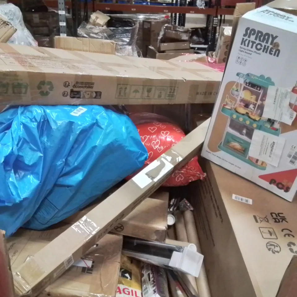 PALLET CONTAINING VARIOUS ASSORTED BOXED HOUSEHOLD ITEMS TO INCLUDE: KIDS BOOSTER SEAT, ROLLER BINDS, SPRAY KITCHEN AND LOTS MORE UNMARKED BOXED ITEMS 