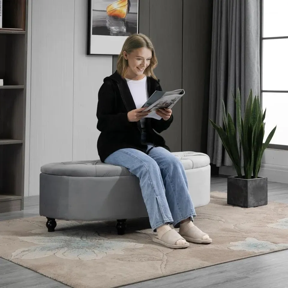 BOXED ATTALLA 120cm WIDE TUFTED ROUND COCKTAIL WITH STORAGE OTTOMAN - LIGHT GREY (1 BOX)