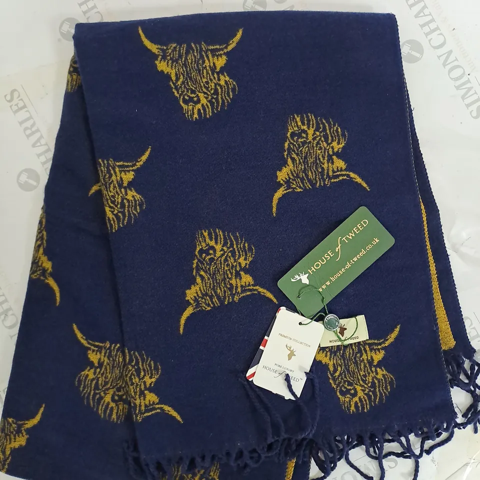 HOUSE OF TWEED SHAWL SCARF IN NAVY/YELLOW 