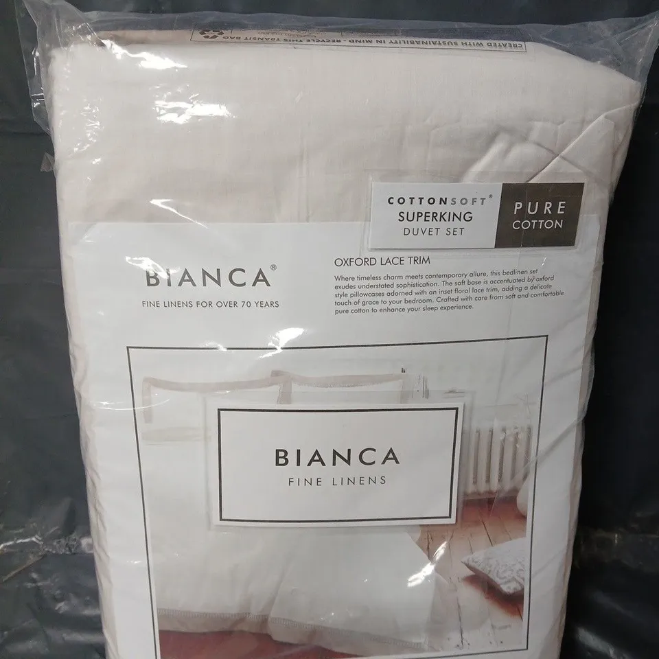 BIANCA OXFORD LACE TRIM DUVET SET - NATURAL - SUPER KING SIZE