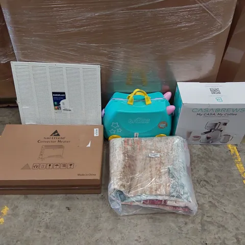 PALLET OF ASSORTED ITEMS INCLUDING: CONVECTOR HEATER, ESPRESSO COFFEE MACHINE, LARGE RUG, AIR VENT GATE, CHILDREN'S SUITCASE