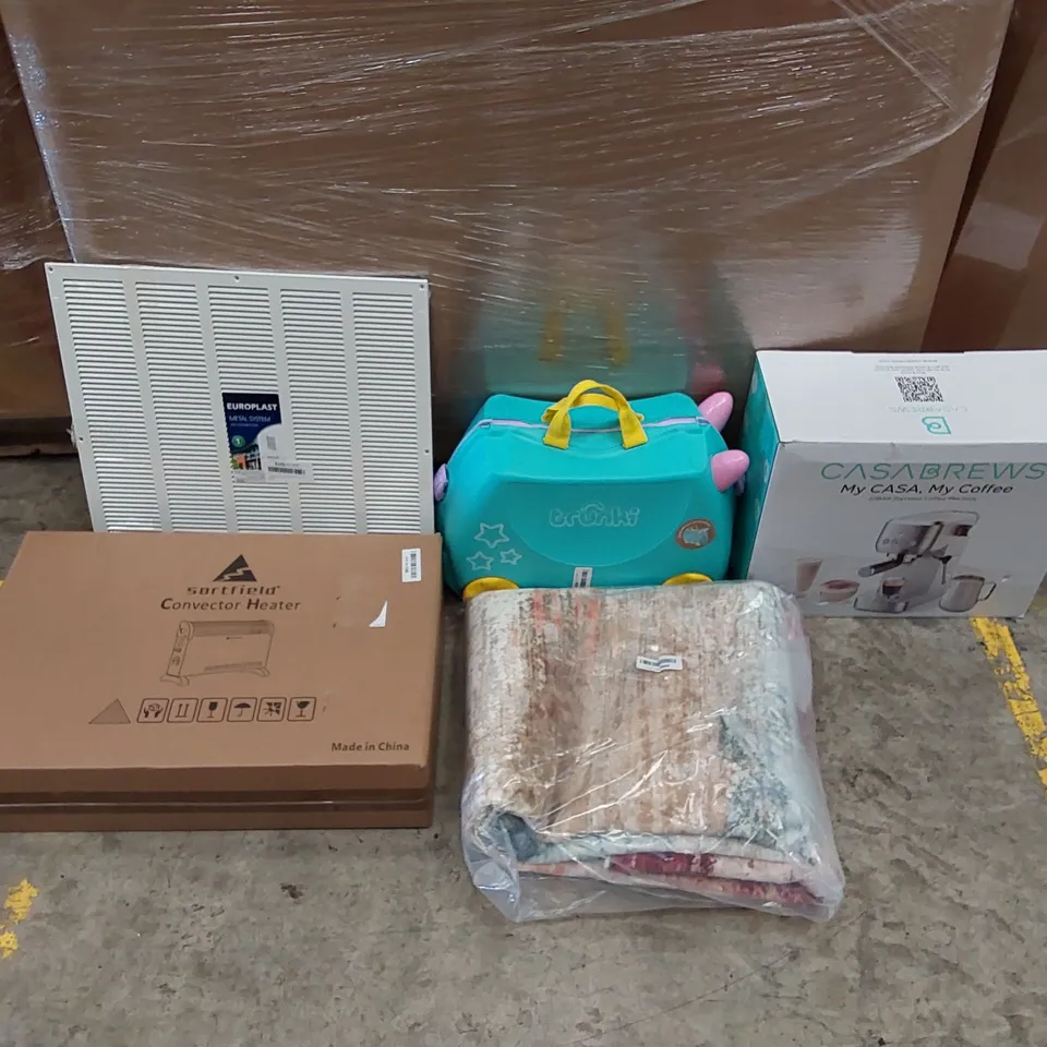 PALLET OF ASSORTED ITEMS INCLUDING: CONVECTOR HEATER, ESPRESSO COFFEE MACHINE, LARGE RUG, AIR VENT GATE, CHILDREN'S SUITCASE 