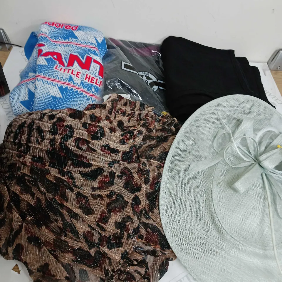 BOX OF APPROXIMATELY 15 ASSORTED ITEMS TO INCLUDE HAT, CHRISTMAS JUMPER, DRESS ETC