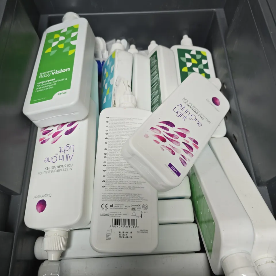 TOTE OF APPROXIMATELY 20 ASSORTED CONTACT LENS SOLUTIONS