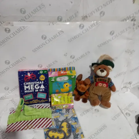 BOX OF ASSORTED TOYS TO INCLUDE TEDDIES, BOOKS, WRAPPING PAPER ETC