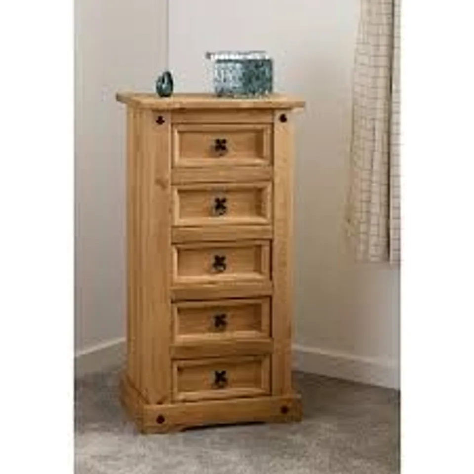 BOXED CORONA 5 DRAWER NARROW CHEST OF DRAWERS DISTRESSED WAXED PINE METAL HANDLES (1 BOX)