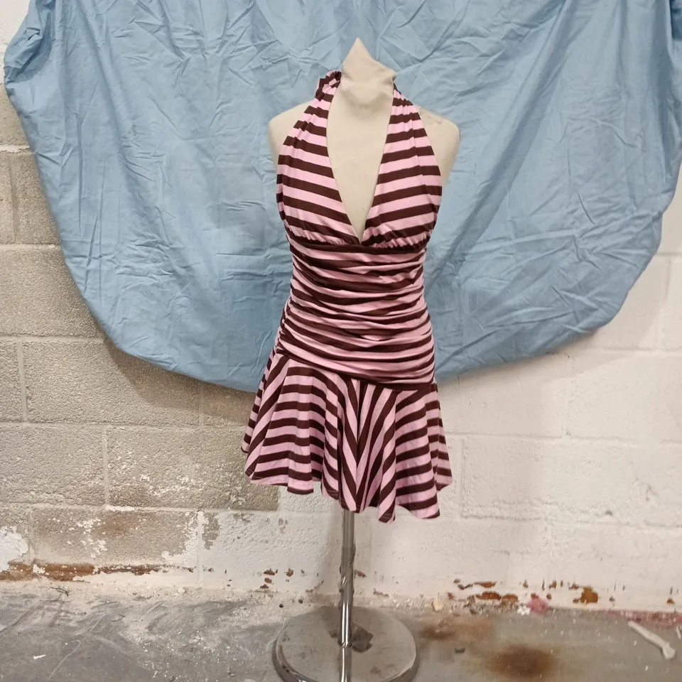 WOMEN'S PINK & BLACK STRIPED HALTER DRESS