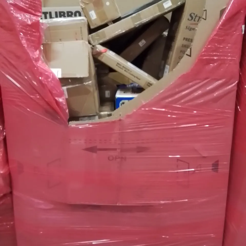 PALLET CONTAINING VARIOUS ASSORTED BOXED HOUSEHOLD ITEMS TO INCLUDE:  AUTOMATIC PET FEEDER, BASKET BALL HOOP, PRESSURE WASHER AND LOTS MORE UNMARKED BOXED ITEMS 