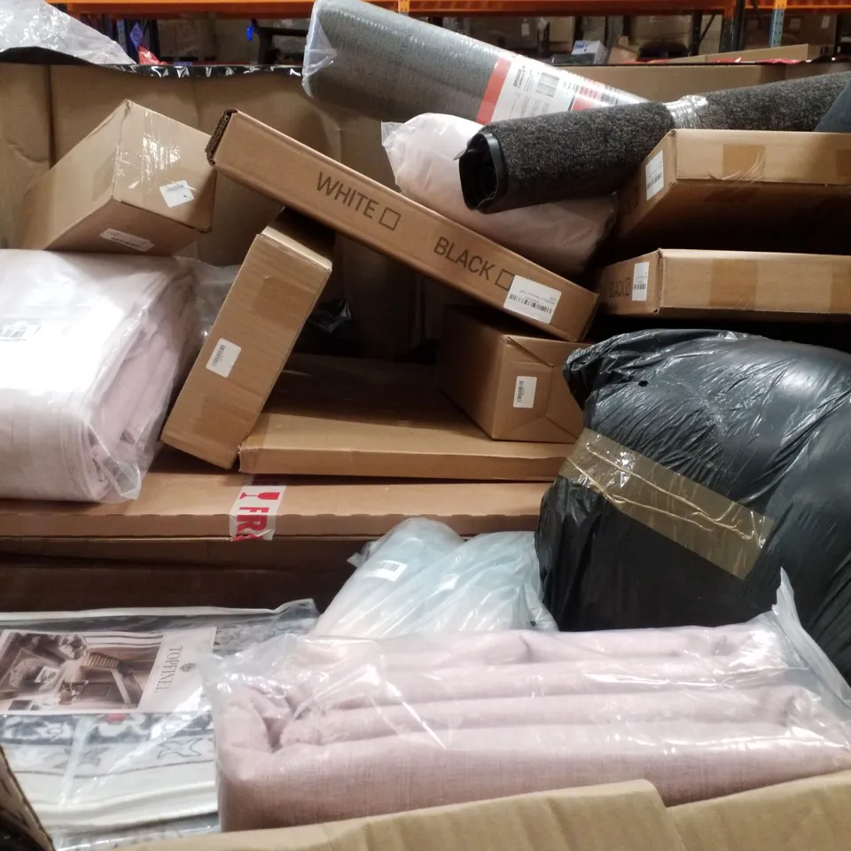 PALLET CONTAINING ASSORTED PRODUCTS INCLUDING RUGS, TELESCOPIC SHELF, GIFT BAGS, WOK PAN, TOY STORAGE ORGANIZER & BAMBOO TOWEL RAIL